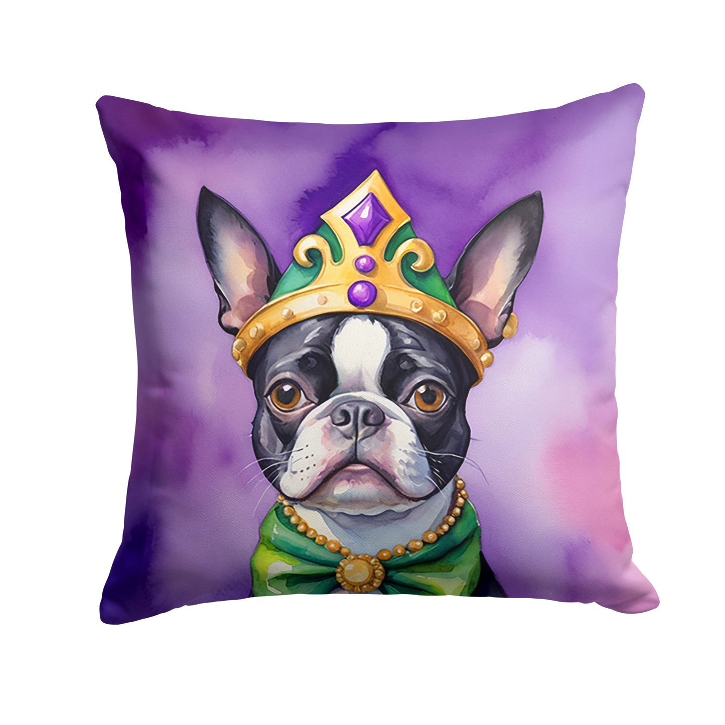 Boston Terrier King of Mardi Gras Throw Pillow Machine Washable, Indoor Outdoor Decorative Pillow for Couch, Bed or Patio, 18Hx18W