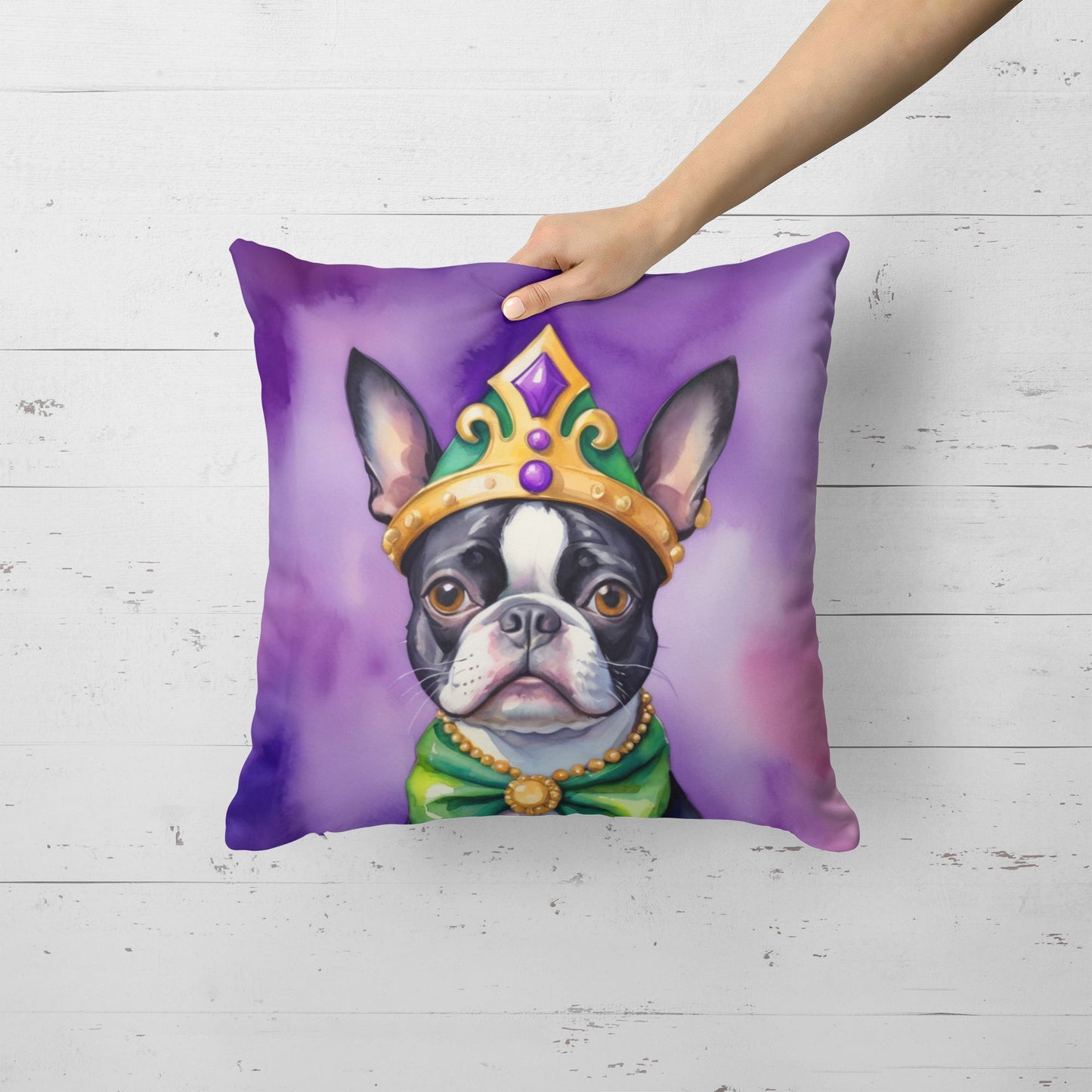 Boston Terrier King of Mardi Gras Throw Pillow Machine Washable, Indoor Outdoor Decorative Pillow for Couch, Bed or Patio, 18Hx18W