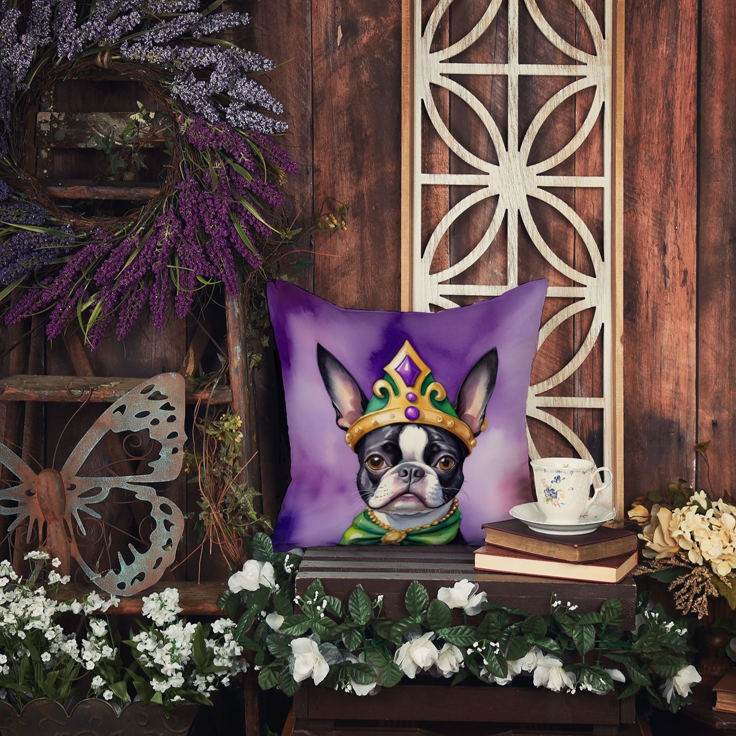 Boston Terrier King of Mardi Gras Throw Pillow Machine Washable, Indoor Outdoor Decorative Pillow for Couch, Bed or Patio, 18Hx18W