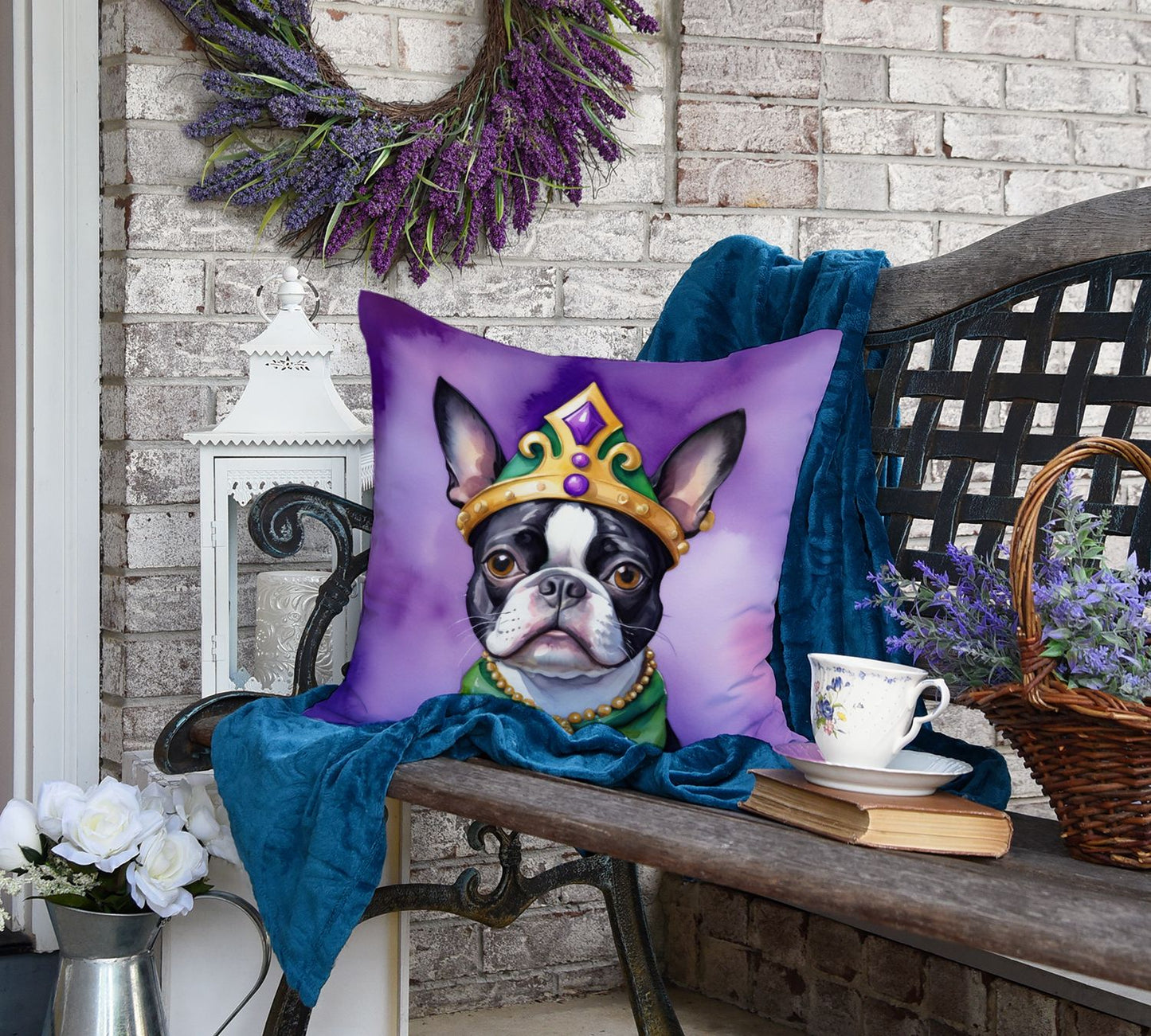 Boston Terrier King of Mardi Gras Throw Pillow Machine Washable, Indoor Outdoor Decorative Pillow for Couch, Bed or Patio, 18Hx18W