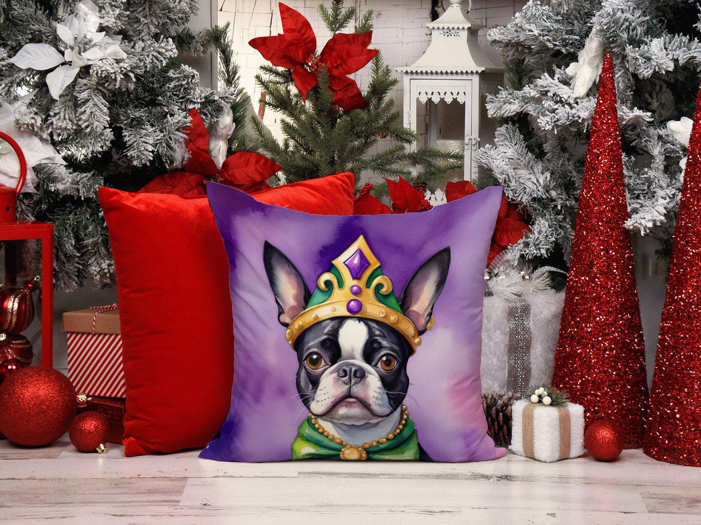 Boston Terrier King of Mardi Gras Throw Pillow Machine Washable, Indoor Outdoor Decorative Pillow for Couch, Bed or Patio, 18Hx18W